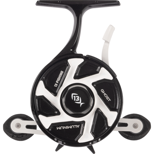 13 Fishing Aluminum Freefall Ghost Reel in black and white, designed for smooth casting and retrieval with ergonomic handles and durable aluminum construction.