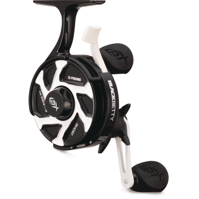 13 Fishing Aluminum Freefall Ghost Reel black and white ice fishing reel with dual handles open spool and compact lightweight design