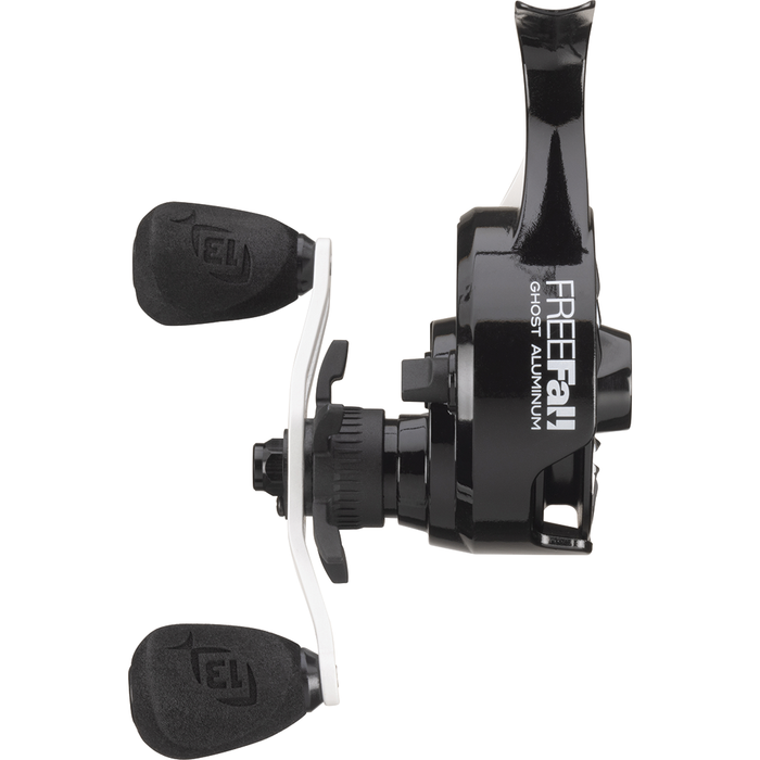 13 Fishing Aluminum Freefall Ghost Reel in black with ergonomic dual handles, designed for smooth casting and reliable performance in fishing tackle.