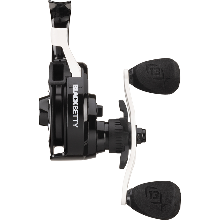 13 Fishing Aluminum Freefall Ghost Reel in black with sturdy aluminum construction, ergonomic dual foam handles, designed for smooth fishing reel performance.