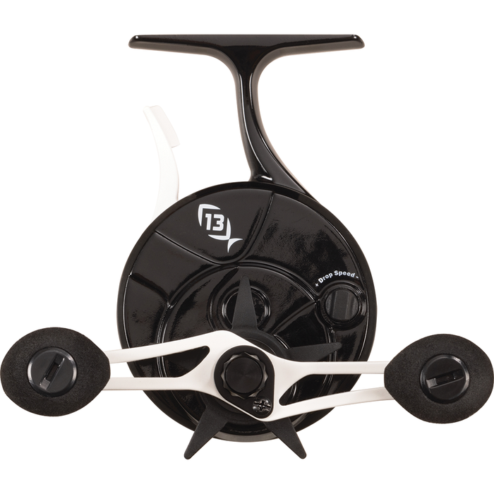 13 Fishing Aluminum Freefall Ghost Reel in black with white dual handles, designed for smooth casting and retrieval, suitable for musky fishing tackle.