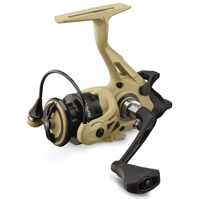 13 Fishing Baitstriker 1000 spinning reel in tan and black, designed for smooth casting and retrieval, suitable for fishing tackle enthusiasts.