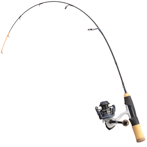 13 Fishing Clout Combo fishing rod and reel with black rod bending, equipped with spinning reel and cork handle, designed for fishing tackle enthusiasts.