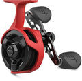 Close-up of a red and black fishing reel with ergonomic handles, designed for left-hand retrieve, labeled 13 Fishing Descent Maven (Left-Hand Retrieve) - Must Purchase a Maven Auger.