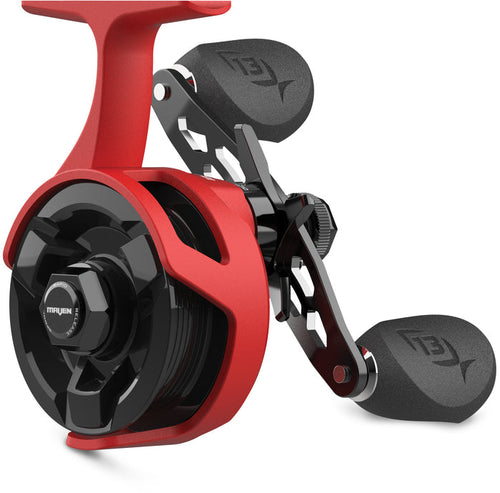 Close-up of a red and black fishing reel with ergonomic handles, designed for left-hand retrieve, labeled 13 Fishing Descent Maven (Left-Hand Retrieve) - Must Purchase a Maven Auger.