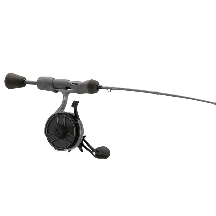 13 Fishing Stealth Freefall Combo ice fishing rod and reel combo with a sleek black design, ergonomic handle, and compact reel ideal for precision fishing and tackle use.