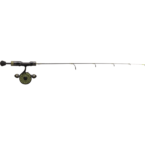 13 Fishing Surge Combo fishing rod and reel combo with a sleek black and olive green design, featuring multiple line guides and ergonomic handle for comfortable fishing.