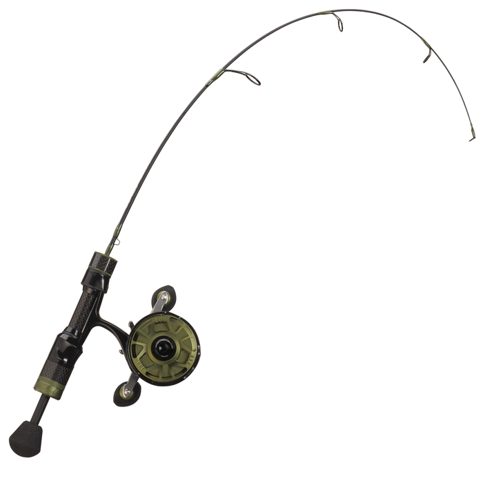 13 Fishing Surge Combo fishing rod and reel combo with a compact, lightweight design, curved graphite rod, and green reel for freshwater fishing tackle enthusiasts.