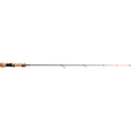 13 Fishing The Snitch Ice Rod featuring a slim black shaft with multiple line guides and a smooth cork handle, designed for precision ice fishing and durable performance.