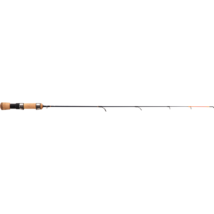 13 Fishing The Snitch Ice Rod featuring a slim black shaft with multiple line guides and a smooth cork handle, designed for precision ice fishing and durable performance.