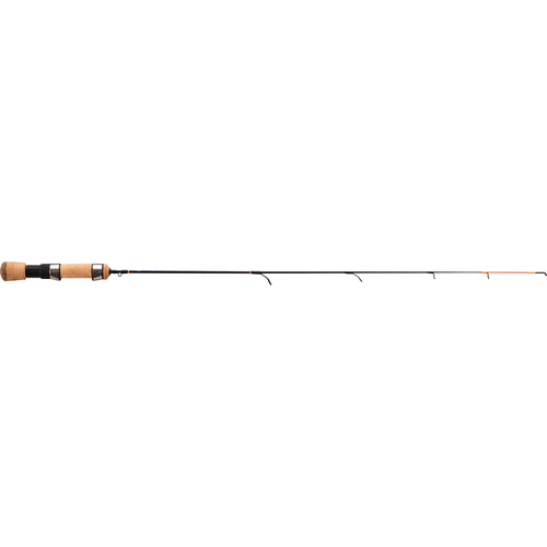 13 Fishing The Snitch Ice Rod featuring a slim black shaft with multiple line guides and a smooth cork handle, designed for precision ice fishing and durable performance.