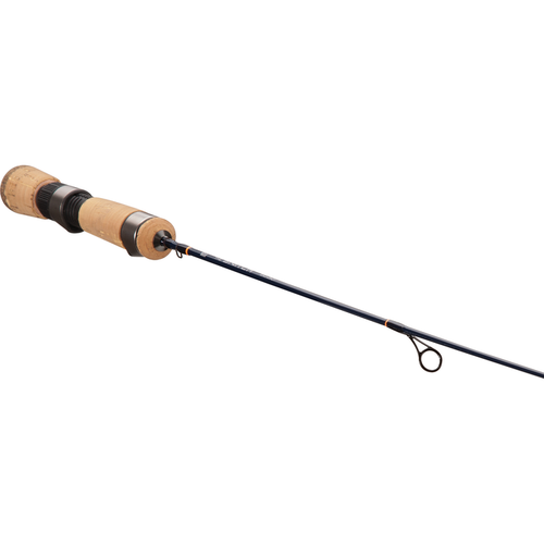 13 Fishing The Snitch Ice Rod with a cork handle and sleek black rod blank designed for ice fishing, ideal for precision and durability in cold conditions.