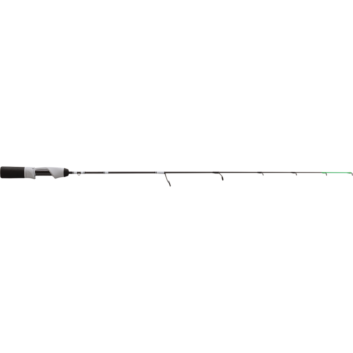 13 Fishing Wicked Ice Rod designed for ice fishing, featuring a lightweight black and white build with multiple line guides and a comfortable grip handle.