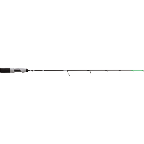 13 Fishing Wicked Ice Rod designed for ice fishing, featuring a lightweight black and white build with multiple line guides and a comfortable grip handle.