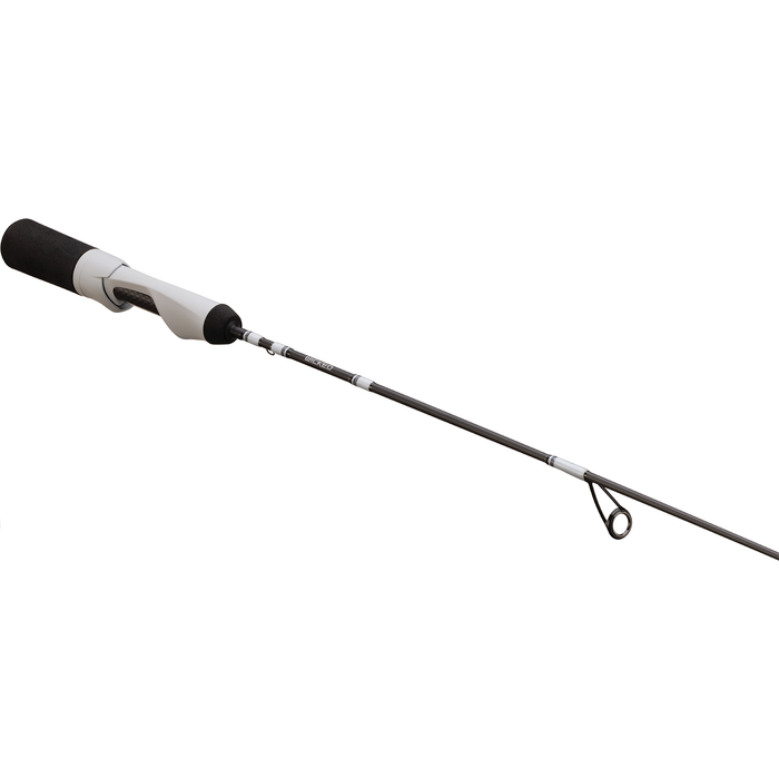 13 Fishing Wicked Ice Rod showing a lightweight black and white graphite ice fishing rod with foam handle grip and stainless steel line guides designed for precision in ice fishing.