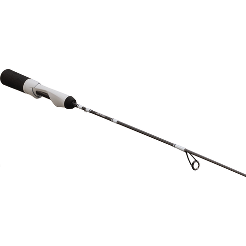 13 Fishing Wicked Ice Rod showing a lightweight black and white graphite ice fishing rod with foam handle grip and stainless steel line guides designed for precision in ice fishing.