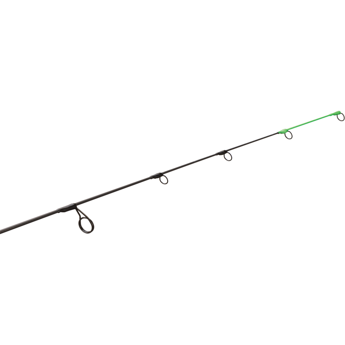 13 Fishing Wicked Ice Rod with black shaft and green tip, featuring multiple line guides designed for ice fishing and musky tackle.