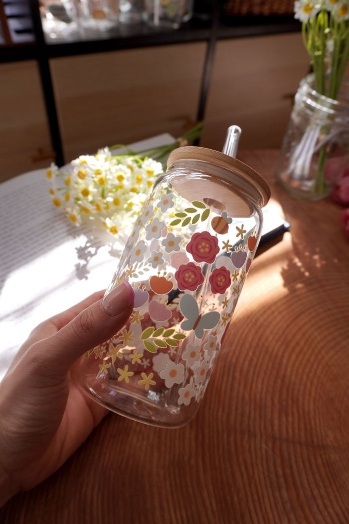 16oz Glass Can with Bamboo Lid and Glass Straw