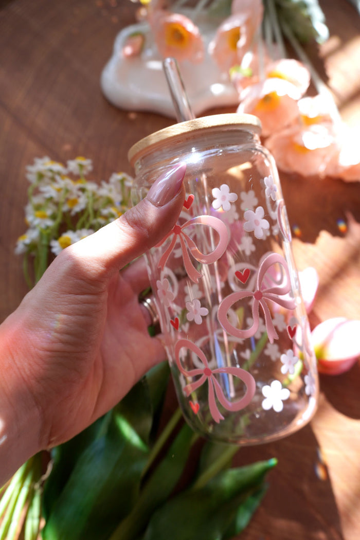 16oz Glass Can with Bamboo Lid and Glass Straw