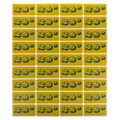 Sheet of yellow rectangular "20" Sticker Sheet" with black text and a fishing hook graphic on each sticker, arranged in a 6 by 6 grid, designed for labeling fishing tackle.