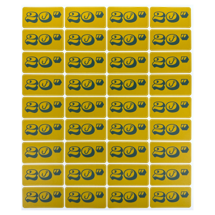 Sheet of yellow rectangular "20" Sticker Sheet" with black text and a fishing hook graphic on each sticker, arranged in a 6 by 6 grid, designed for labeling fishing tackle.