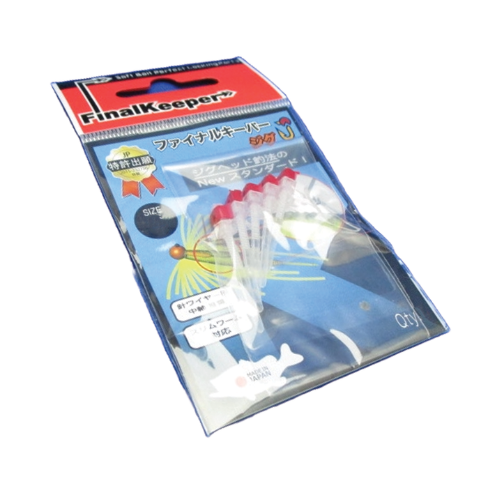 Package of 439MBR Final Jig Keeper fishing tackle accessories with several small transparent and red jig keepers designed to secure fishing lures, displayed against a blue background.