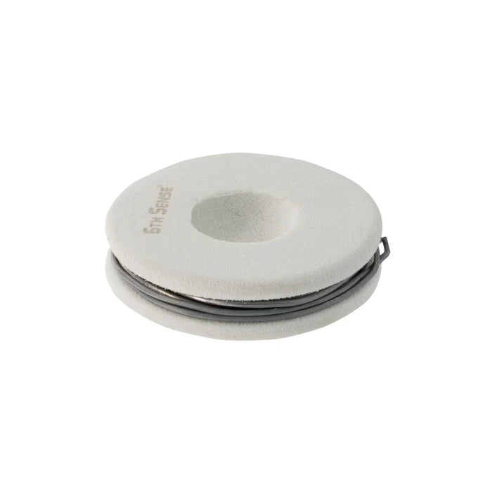 6th Sense Fishing Treble Wire spool featuring thin, durable metallic wire neatly wound on a white circular holder, ideal for fishing tackle and lure customization.