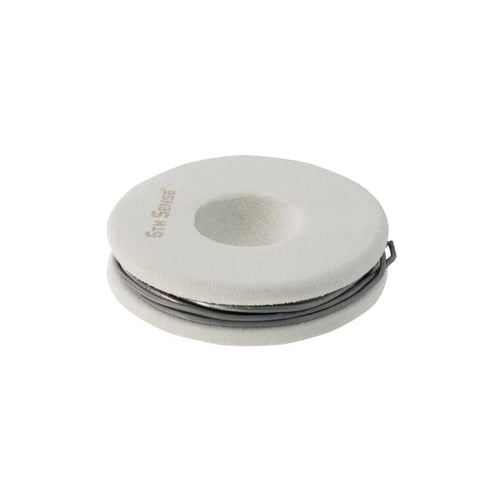 6th Sense Fishing Treble Wire spool featuring thin, durable metallic wire neatly wound on a white circular holder, ideal for fishing tackle and lure customization.