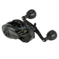 Abu Garcia Beast 300 Low-Profile baitcasting reel in black and gray, featuring dual ergonomic round handles designed for smooth fishing tackle performance.
