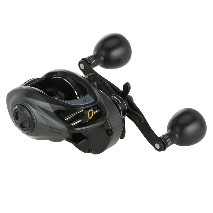 Abu Garcia Beast 300 Low-Profile baitcasting reel in black and gray, featuring dual ergonomic round handles designed for smooth fishing tackle performance.