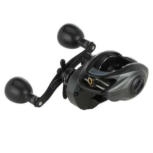Abu Garcia Beast 300 Low-Profile fishing reel in black and gray with ergonomic double paddle handles, designed for smooth casting and durability in fishing tackle.