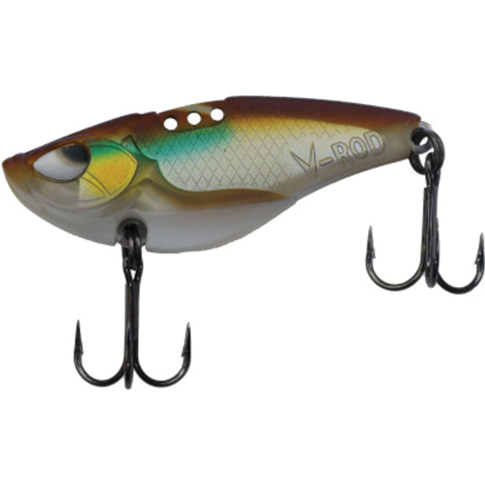 Fishing lure Acme V-Rod designed with detailed fish-like colors including green, gold, and brown accents, featuring two sharp treble hooks for effective fishing tackle use.