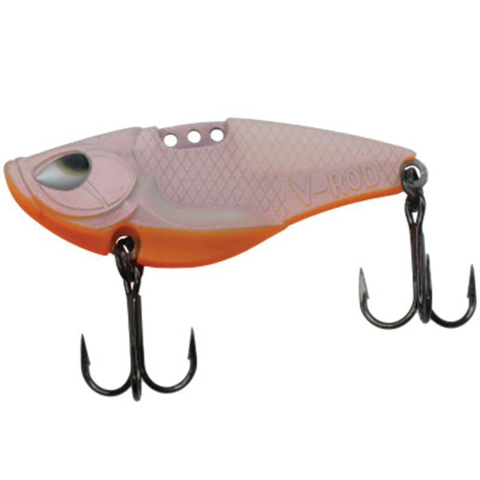 Close-up of the Acme V-Rod fishing lure in orange and light pink tones, featuring two sharp treble hooks and textured body details designed for effective fishing tackle use.