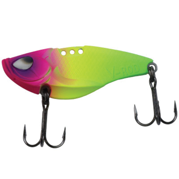 Acme V-Rod fishing lure in bright pink and green with dual treble hooks, designed for effective attraction in fishing tackle and angling activities.