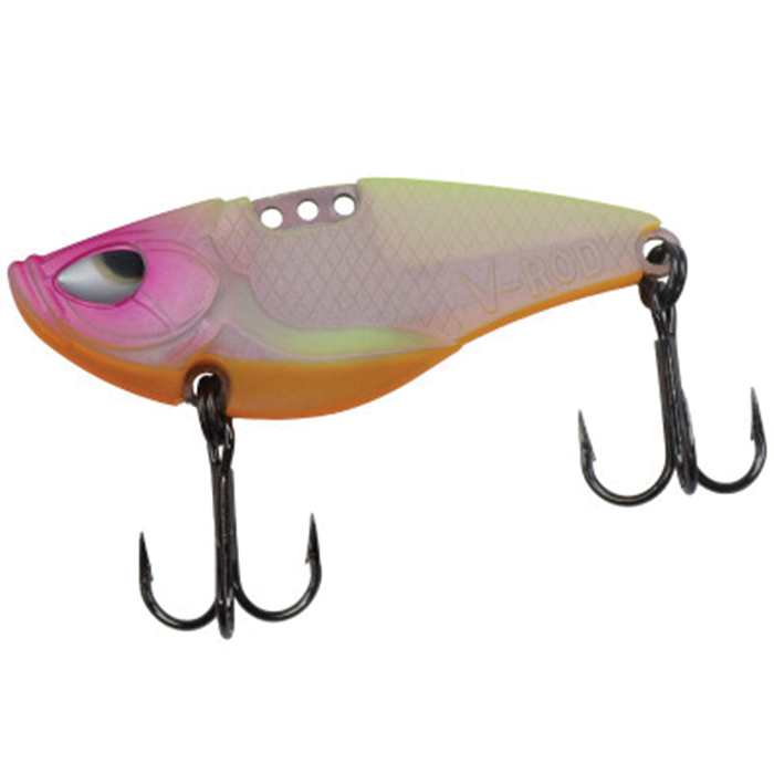 Acme V-Rod fishing lure in pink, orange, and green shades with textured body, two black treble hooks, designed for freshwater fishing tackle.