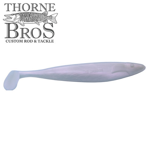 Action Plastics 12" Dredge Shad fishing lure in translucent pearl color with a paddle tail, designed for musky and other freshwater fishing applications.