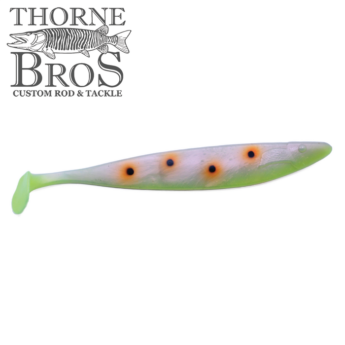 Action Plastics 15" Shad - TB Custom fishing lure in translucent white with orange spots and a green tail, designed for fishing tackle enthusiasts.