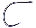 Close-up of a single sharp fishing hook with a wide gap and short shank, specifically the Ahrex AFW527 Big Gap Short Shank Dry Fly, designed for precise fly fishing tackle use.