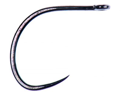 Close-up of a single sharp fishing hook with a wide gap and short shank, specifically the Ahrex AFW527 Big Gap Short Shank Dry Fly, designed for precise fly fishing tackle use.