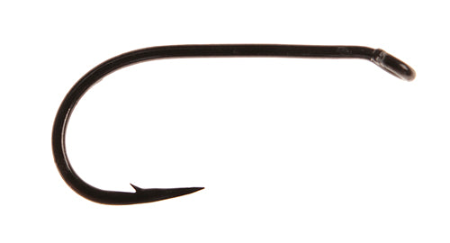 Close-up of a single black fishing hook with a sharp point and barb, designed for use in fishing tackle, identified as the Ahrex FW502.