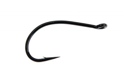Ahrex FW520 Emerger Hook shown in black with a round bend and an offset eye, designed for use in fishing tackle and fly fishing applications.