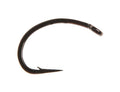 Close-up of a single black fishing hook designed for fly tying, labeled Ahrex FW524 Super Dry, showing a sharp curved point and small barb for secure catch in fishing tackle.