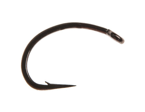 Close-up of a single black fishing hook designed for fly tying, labeled Ahrex FW524 Super Dry, showing a sharp curved point and small barb for secure catch in fishing tackle.