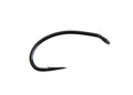 Close-up of a single black Ahrex FW540 Curved Nymph fishing hook with a curved shank and sharp point, designed for fly fishing and fishing tackle.