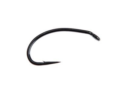 Close-up of a single black Ahrex FW540 Curved Nymph fishing hook with a curved shank and sharp point, designed for fly fishing and fishing tackle.