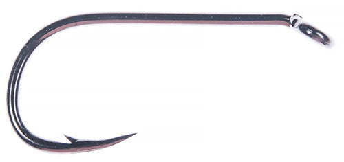 Ahrex FW562 Short Nymph Hook shown in close-up detail, featuring a sharp curved point with an eyelet for attaching fishing tackle.