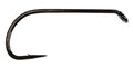 Close-up of a black Ahrex FW570 Long Dry Fly fishing hook designed for fly fishing rods and fishing tackle.