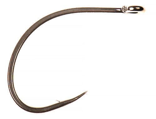 Close-up of a single metallic fishing hook with a curved shank and sharp point, designed for saltwater fishing, identified as Ahrex SA274 Curved Salt Hook.