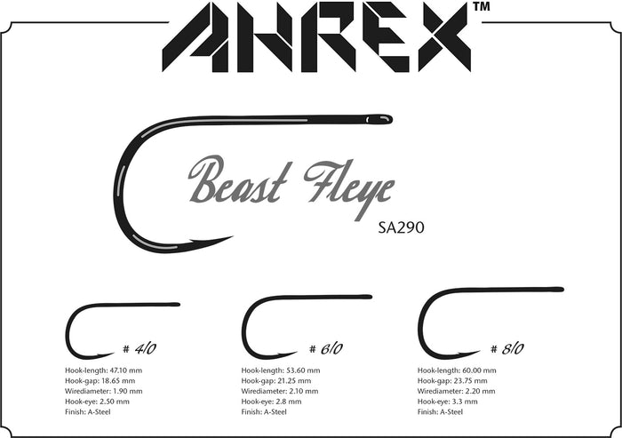 Ahrex SA290 Bob Popovics Beast Fleye Short fishing hook set illustration showing three sizes with detailed measurements, designed for fishing tackle use.