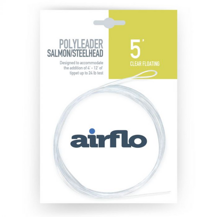 Airflo Polyleaders Salmon/Steelhead clear floating 5-foot leader for fishing, designed to accommodate tippets up to 24 lb test, packaged on a white and green card.
